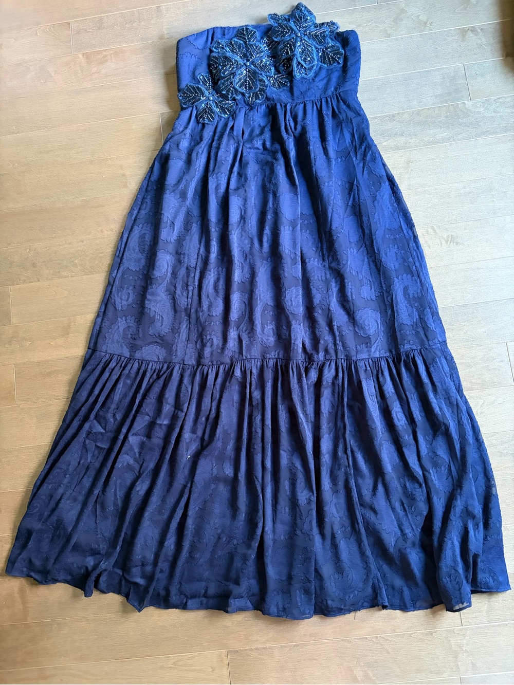 Lilly Pulitzer Navy Strapless Maxi Dress with Floral Appliqué sz 8
